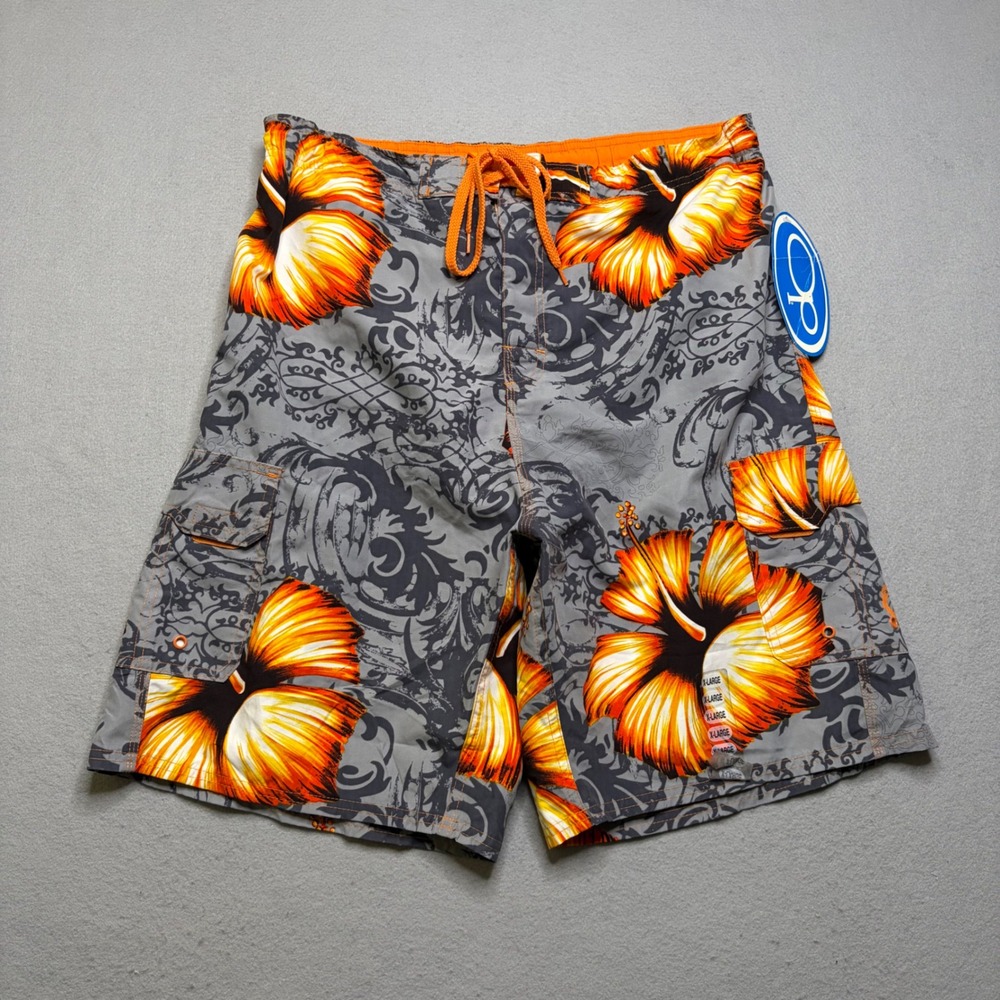 OP Board Shorts Mens XL Grey Orange Hibiscus Floral Vintage Y2K NWT Cargo Surf